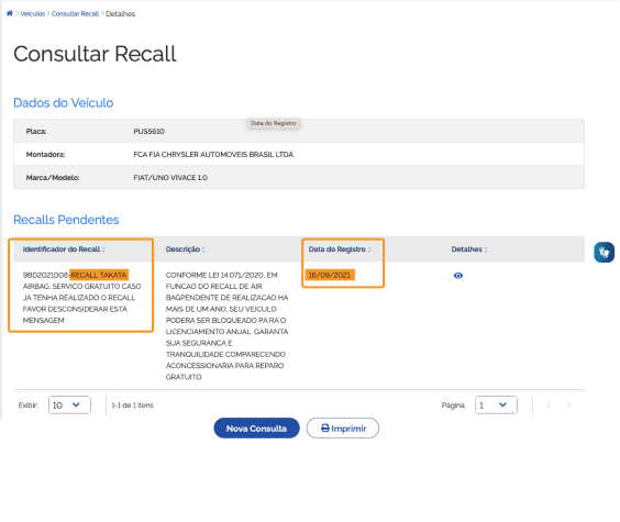 Screen Shot do site Senatran com informação do véiculo com recall disponível